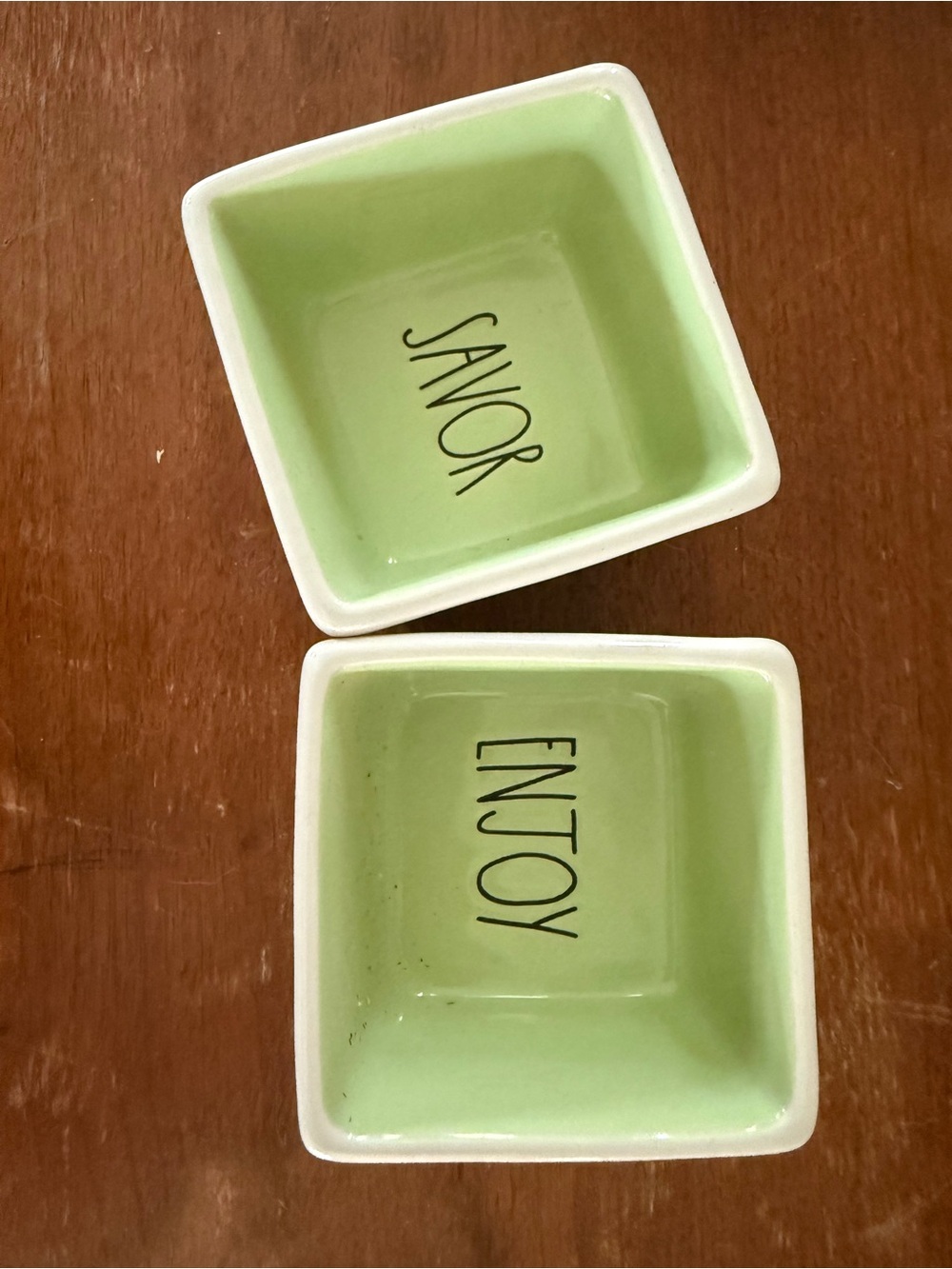 Rae Dunn Green and White 'ENJOY' & 'SAVOR' Square Dishes